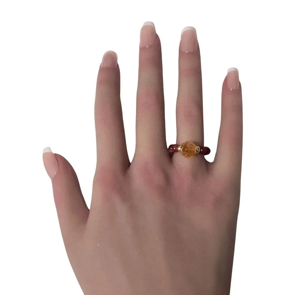 Red Agate Flower Gemstone Beads Stretch Ring with 14K Gold Bead - Picture 6 of 7